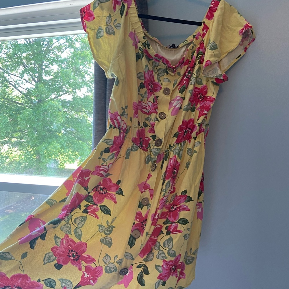 Off the shoulder yellow and pink floral sundress